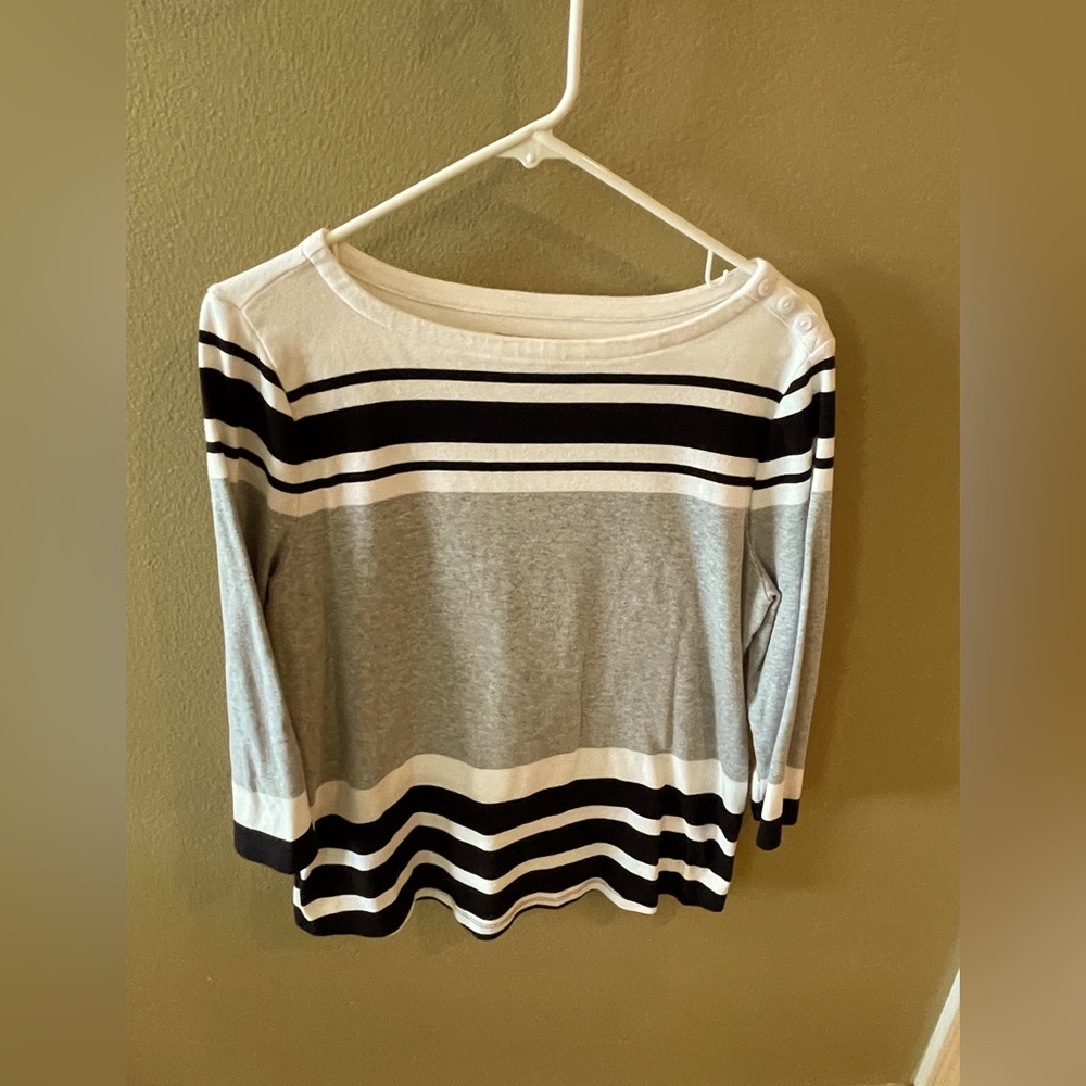 Cotton striped knit top with 3/4 sleeves & button shoulder detail